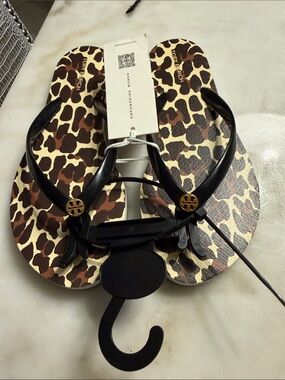 Tory Burch Black-Strap Leopard Print Flip Flops